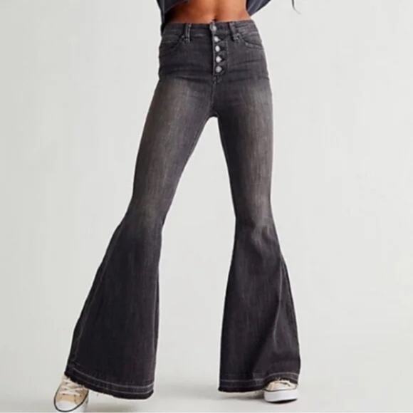 Free People Womens Irreplaceable Flare Jeans Galaxy Black High Rise Button Front - Picture 2 of 14